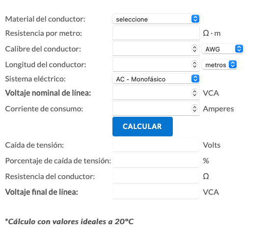 Calculadora de Caida de Tensión en Línea Web
